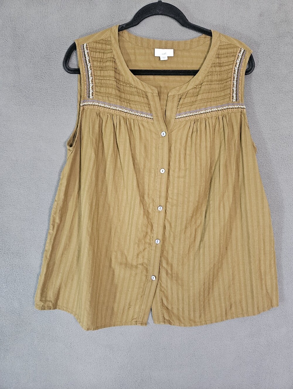 J Jill Size XL Tank Top Shirt Lagenlook Grunge Boho Buttons Textured Tan Pleated